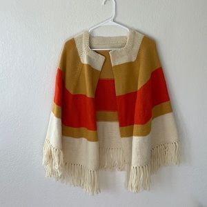 Perfect vintage poncho shawl in cream, mustard, and orange